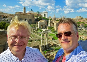 Michael and I, wind-blown on Palatine Hill, overlooking the Roman Forum.